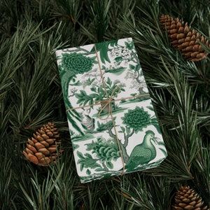 Rotolo di carta da regalo natalizio cineserie, confezione regalo in toile verde e bianco, vacanza natalizia cinese asiatica Toile de Jouy floreale tradizionale