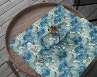 Seagull Wrapping Paper Roll, Coastal Birds Gift Wrap, Watercolor Seagulls Giftwrap, Blue Ocean Gift, Nautical Party Gifts, Summer Wedding,