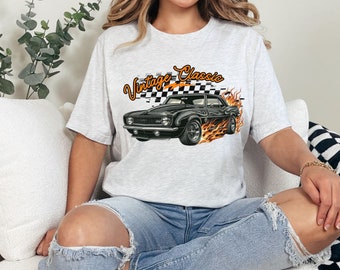 Camisa Muscle Car, camiseta de Race Car, camiseta de carreras, regalos de bandera a cuadros, regalo clásico americano, camiseta de fiesta vintage, a cuadros, llamas, neón