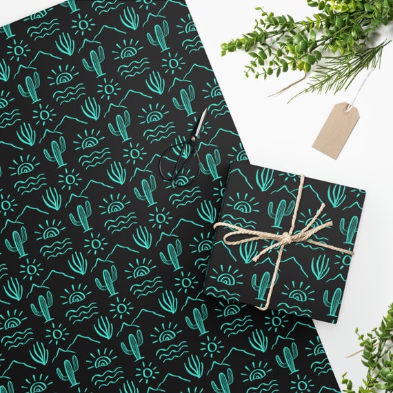 Black Turquoise Cactus Gift Wrapping Paper, Western Wrapping Paper