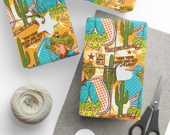Cowgirl Wrapping Paper Roll, Western Gift Wrap, Cowgirls Don't Cry Giftwrap, Daughter Gift, Best Friend Gift, PinUp Girl, Desert, Checkered
