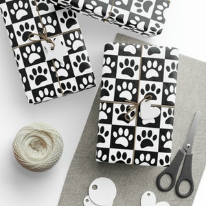 Checkered Paw Print Wrapping Paper Roll, Black and White Pet Dog Gift Wrap, Dog Pet Owner, Christmas, Birthday, Animal Rescue Present