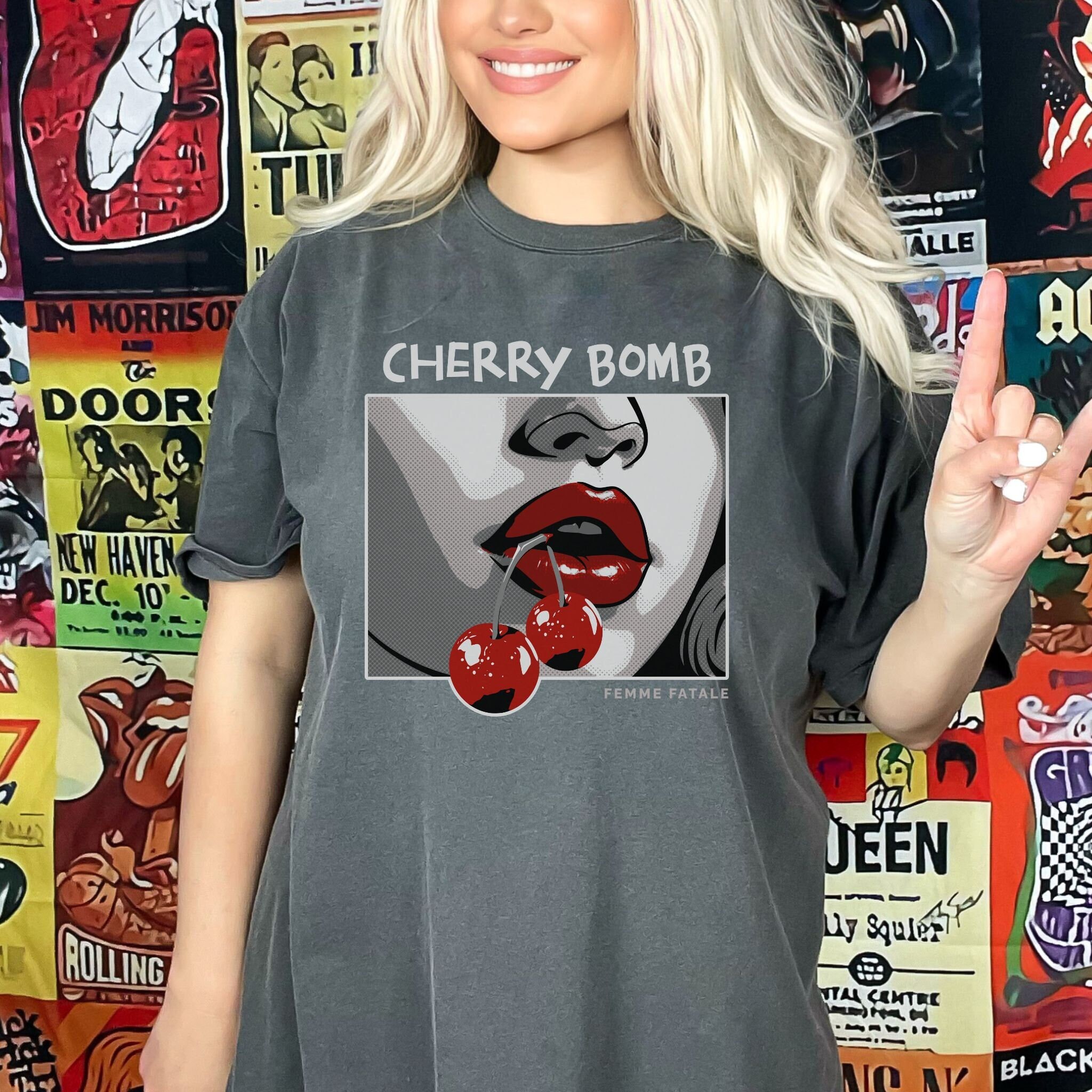 Femme Fatale Shirt Cherries T shirt Coquette Aesthetic Cherry Bomb Tshirt Trendy Retro Vintage Comic Strip Female Power Comfort Colors Etsy Australia