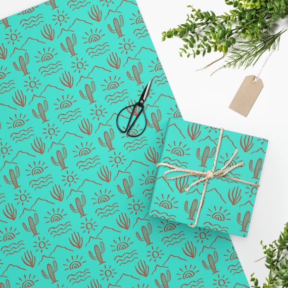 Turquoise Copper Cactus Gift Wrapping Paper, Western Wrapping