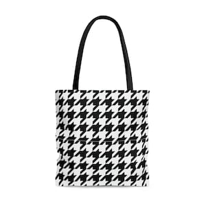 Houndstooth Tote Bag, Black and White Checkered Pattern Bag, Resuable Shopping Tote, Gym Vacation Purse, Canvas