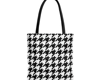 Houndstooth Tote Bag, Black and White Checkered Pattern Bag, Resuable Shopping Tote, Gym Vacation Purse, Canvas