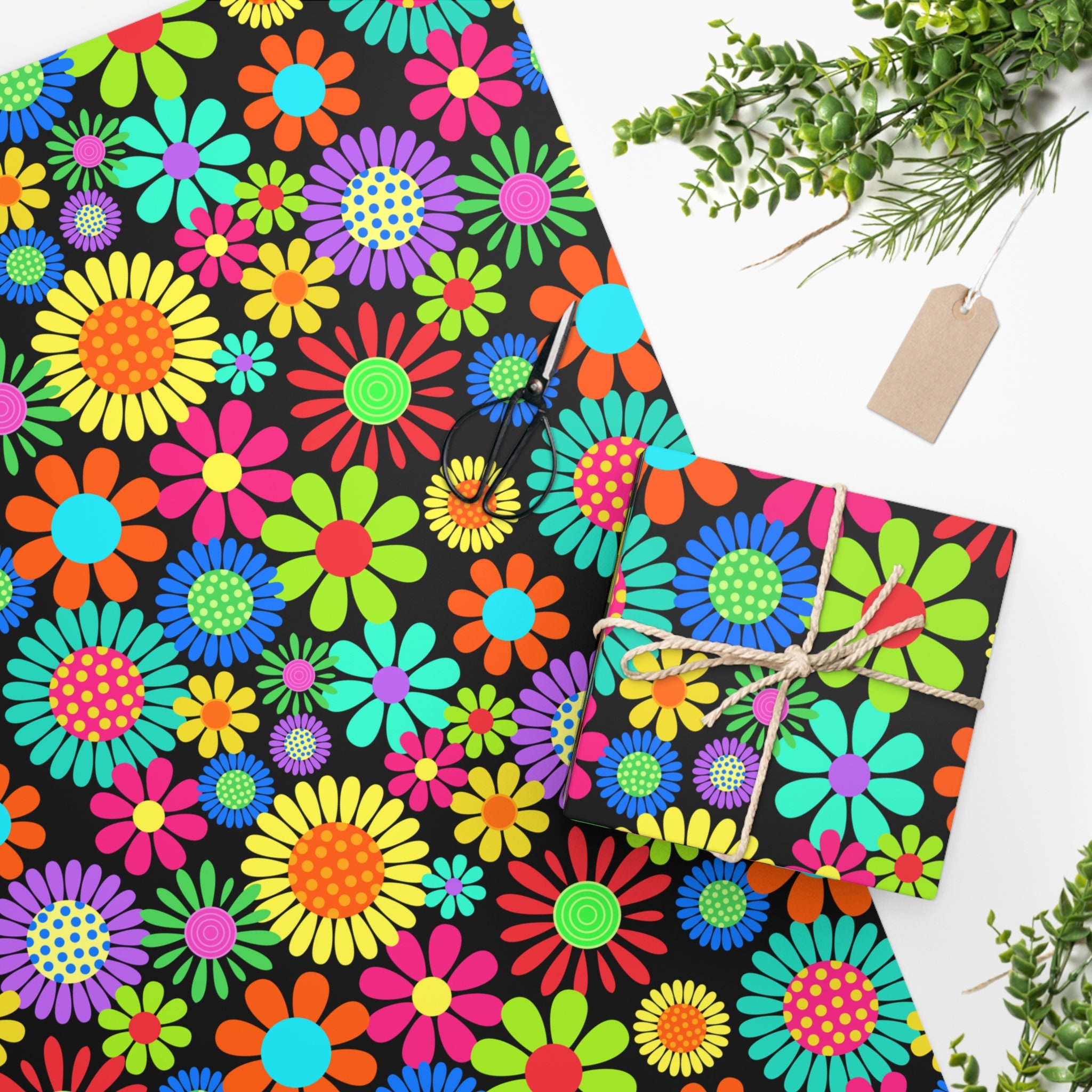 Bright Big Black Floral Wrapping Paper · Creative Fabrica