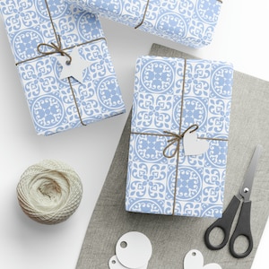 Rotolo di carta da regalo per piastrelle mediterranee, confezione regalo blu e bianca, festa di compleanno, regalo di nozze, celebrazione della festa della mamma, colori del mare