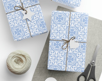 Mediterranean Tile Wrapping Paper Roll, Blue and White Gift Wrap, Birthday Party, Wedding Gift, Mother's Day Celebration, Colors of the Sea