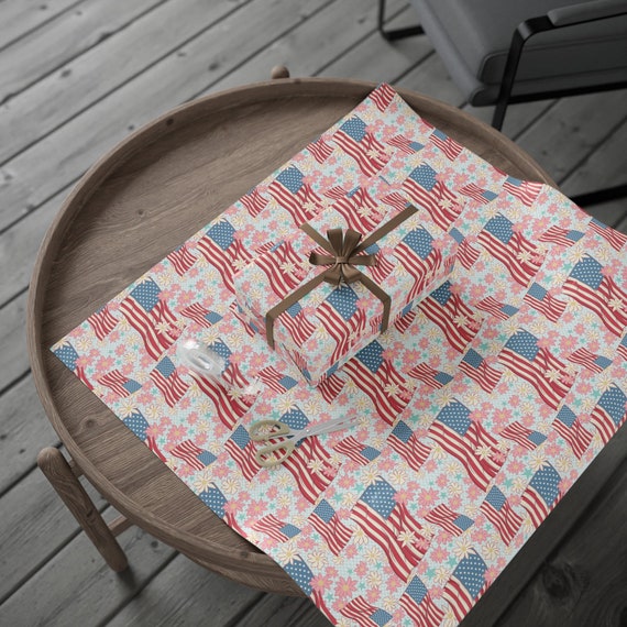 Floral American Flag Wrapping Paper Roll, Patriotic Flag Gift Wrap, USA Giftwrap, Independence Day Gifts, 4th of July, Summer, Memorial