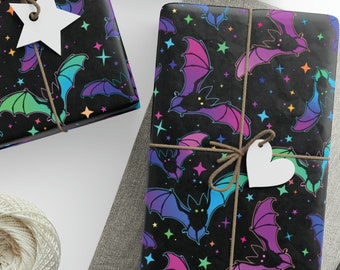 Bats and Stars Gift Wrapping Paper Roll, WitchyGoth Gift Wrap, Gothic Halloween Colorful Presents, Scary Psychedelic Rainbow Galaxy Batty