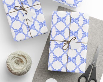 Blue Bow Wrapping Paper Roll, Blue and White Ribbon Gift Wrap, Birthday Gifts, Bridal Shower, Baby Boy, Spring Coquette French Toile de Jouy