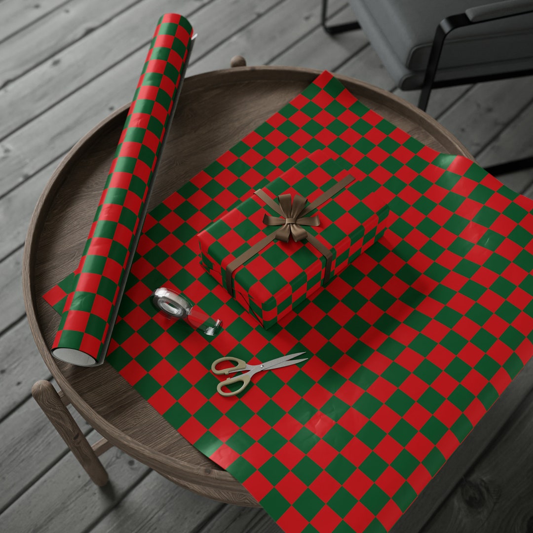 Red and Green Checkered Wrapping Paper Roll, Christmas Check Gift Wrap