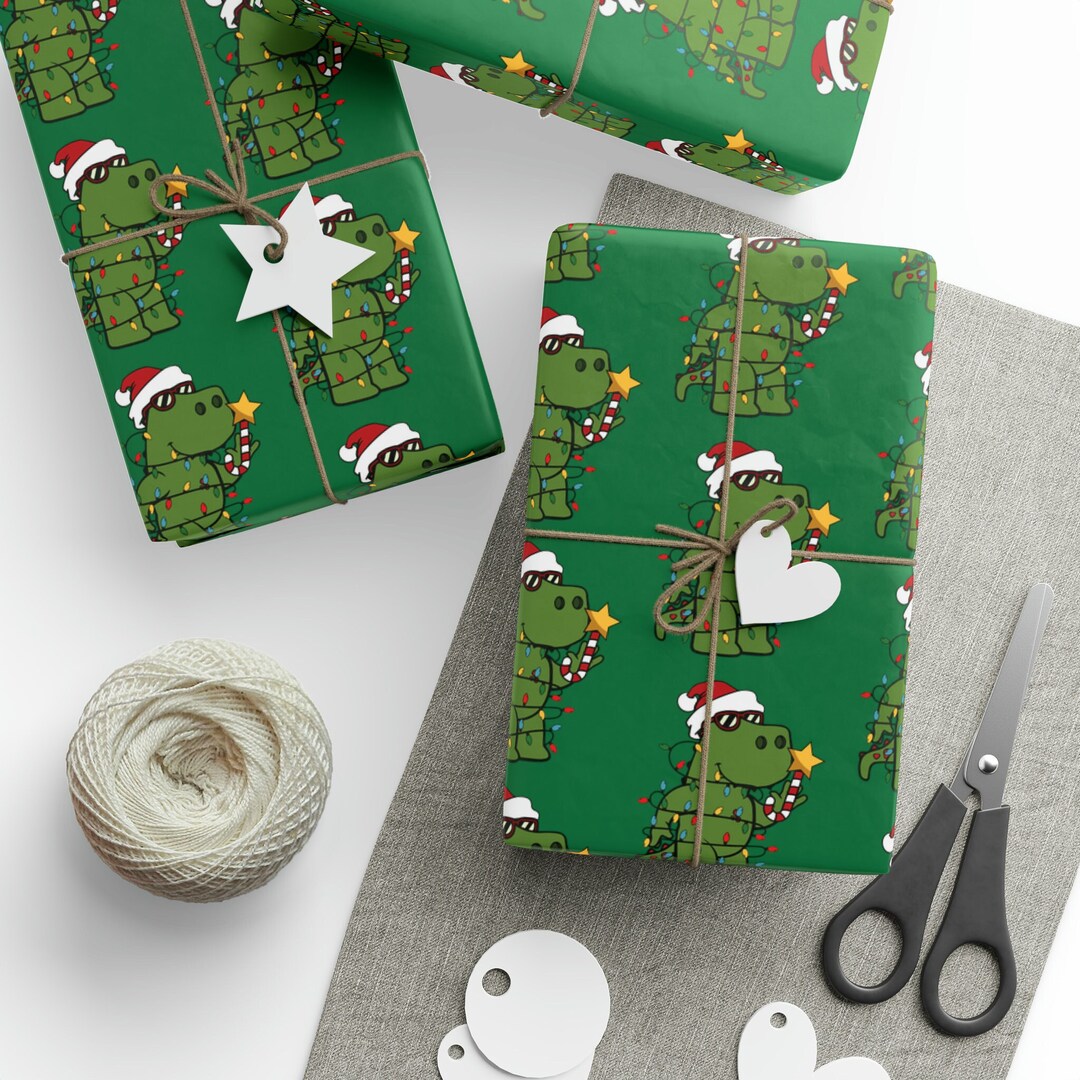 Dinosaur Christmas Wrapping Paper Roll, T Rex Holiday Gift Wrap, Cute Dino Christmas Presents