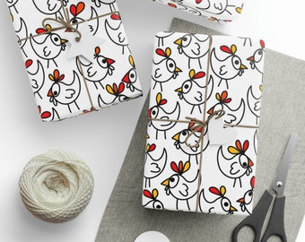 Rollo de papel de envolver pollo divertido, mate o brillante, lindo envoltorio de regalo de pollo loco de corral, gallinas, gallo, regalo de cumpleaños, dibujos de dibujos animados