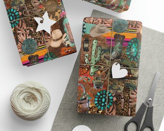 Papel de regalo Funky Junky Western, papel de regalo con sombreros y botas de vaquero con motivos de cactus, fiesta de cumpleaños, rodeo, ranchero, vaqueros y vaqueras