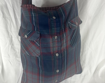 MorganRy Flannel Shoulder Bag Whitney 07 Grigio Blu Borsa fatta a mano con fodera in camicia salvata