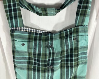 MorganRy Flannel Sholder Bag Whitney 16 Borsa per camicia salvata in flanella grigia e verde acqua foderata fatta a mano