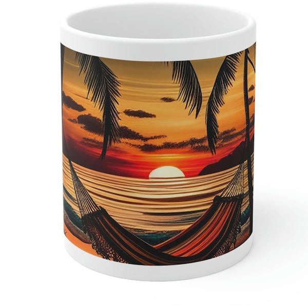 Beach Hammock with sun rise sunset back ground coffee mug for her gift to boyfriend Ceramic Mug 11oz