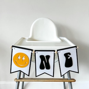 One Happy Dude High Chair banner smiley face one banner first birthday happy face baby chair banner boy blue 1st birthday banner rad dude