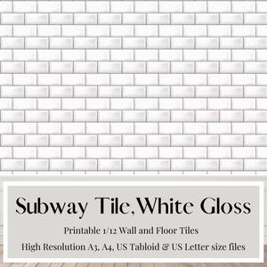 Puede incluir: Azulejo de metro blanco brillante imprimible en tamaños A3, A4, tabloide y carta. Azulejos de pared y suelo imprimibles a escala 1/12.