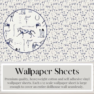 en feuilles de papier peint pour maison de poupée, bleu marine, chevaux, sports équestres, dessinés à la main, 1/12 | Papier autocollant | Papier cartonné mat | Feuilles de format tabloïd A3/US