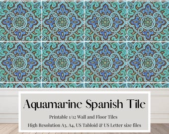 Tile Flooring Wall Tile Spanish Aqua Navy 1/12 Dollhouse Wallpaper 1:12 Printable Download A4 & US Letter