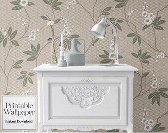 Papel de parede floral para casa de bonecas: miniatura de fazenda em linho bege (download para impressão)