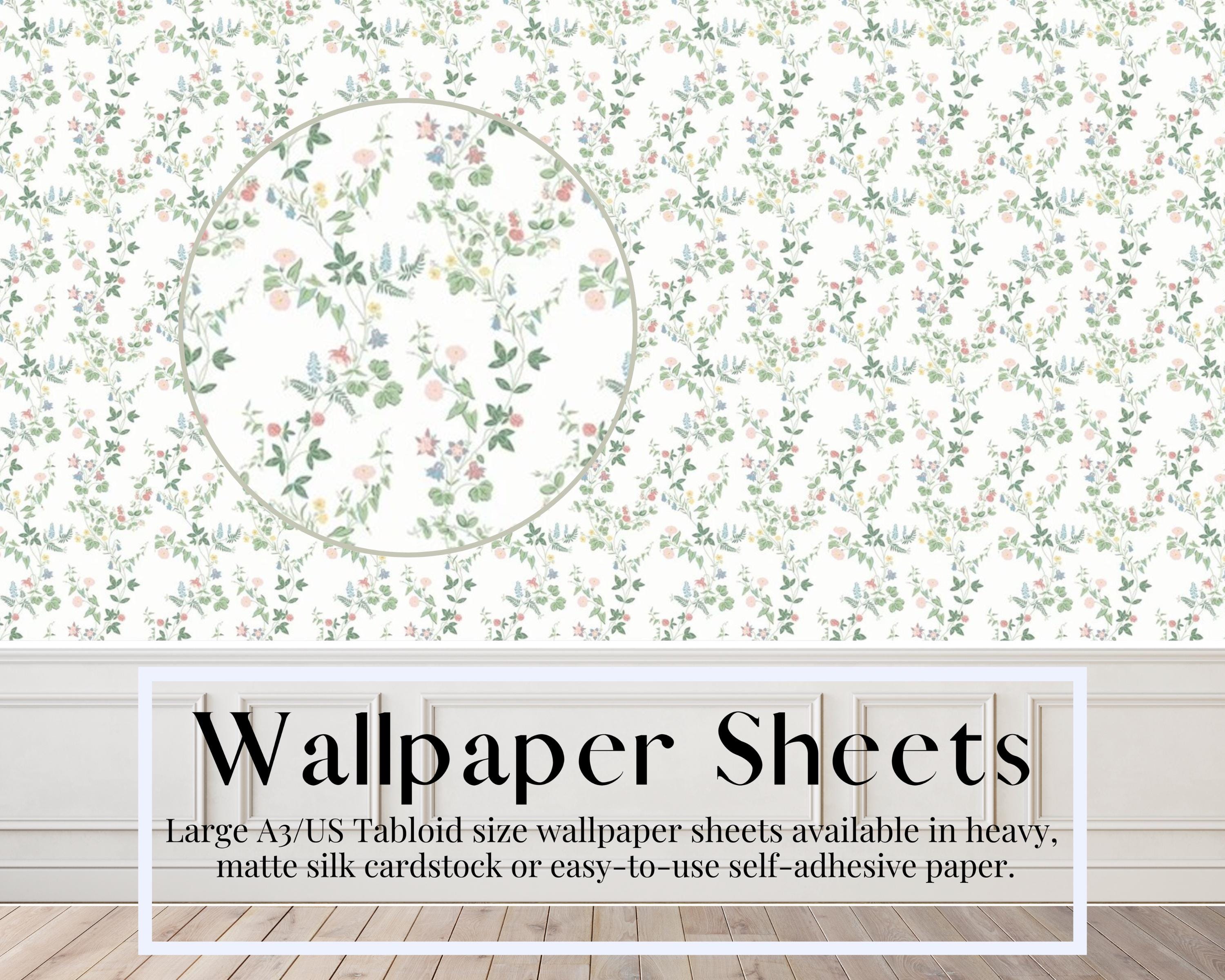 Dollhouse Wallpaper Sheets, Meadow, Flowers, English Garden, Peel & Stick Paper, Matte Card Stock, A3, A4, US Tabloid, US Letter size sheets