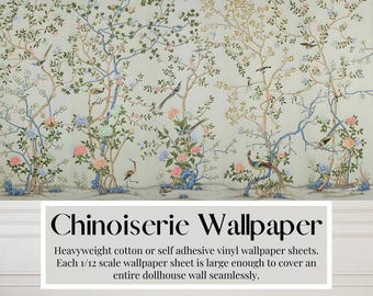 Dollhouse Wallpaper Sheets Chinoiserie Adam Grey Pink Roses | Peel & Stick Paper | Premium Matte Card Stock | Miniatures, 1/12 scale