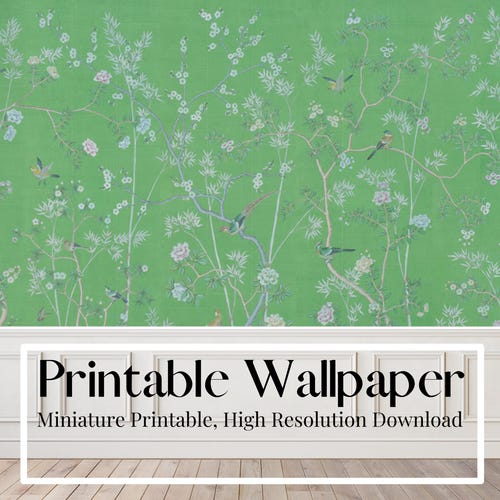Melody Jane Dollhouse Birds & Berries Miniature Wallpaper - 1:24 Scale, Green Pattern, 8.5" X 6"