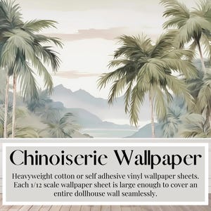 Chinoiserie poppenhuis, palmbomen, strand, tropisch eiland, aquarel, handgeschilderde muurschildering, palmbomen, strand, tropisch eiland, aquarel, handgeschilderde muurschildering, miniatuurbehang, mini-architectuur, 1/12