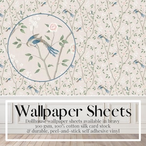 Feuilles de papier peint pour maison de poupée, oiseaux du paradis, crème, ivoire, coquille d'oeuf, papier autocollant, papier cartonné mat premium, miniatures, échelle 1/12