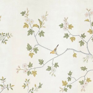 May include: A white background with a delicate floral pattern featuring white flowers and green leaves. A small yellow bird sits on a branch.