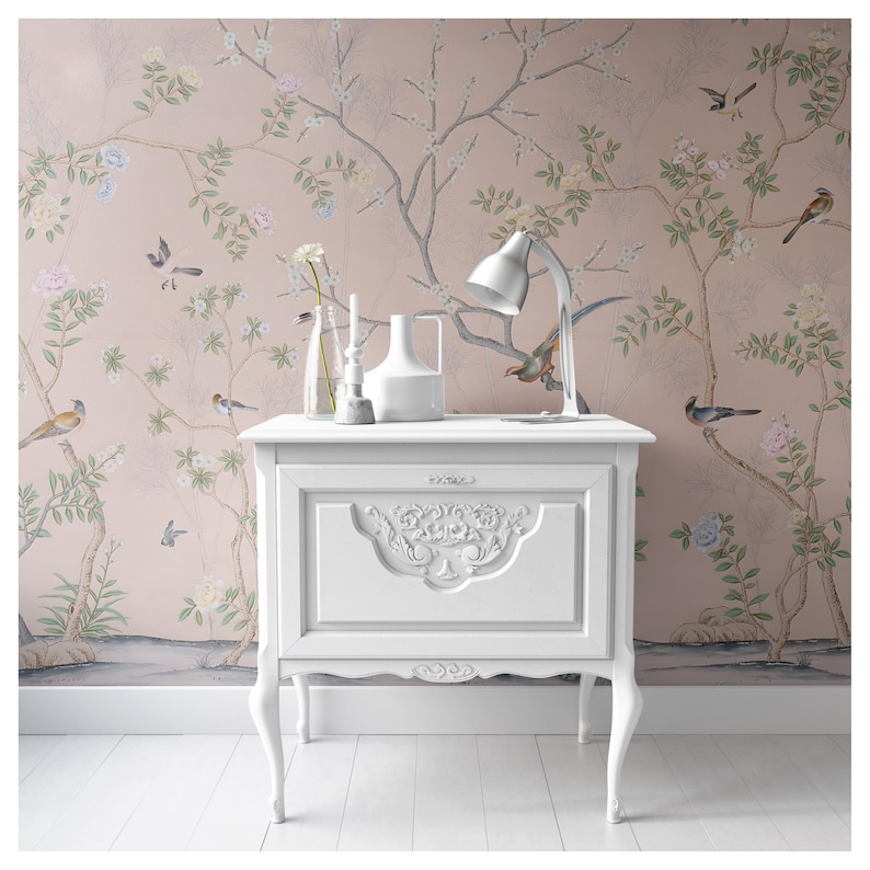 Chinoiserie-poppenhuisbehang: herenroze, zelfklevend en premium papier afbeelding 2