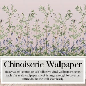 Poppenhuisbehangvellen mauve roze chinoiserie | Peel & Stick-papier | Mat karton | Vellen A3/US tabloidformaat, schaal 1/12