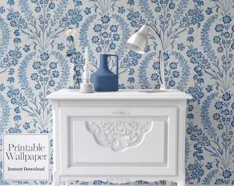 Dollhouse Wallpaper: Blue Floral Miniature Print (1/12 Scale) (Digital Download)