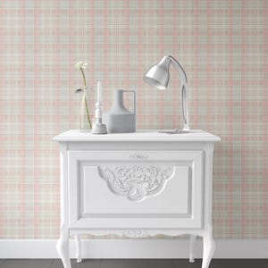 ドールハウス用壁紙シート：ピンクチェック柄、1/12スケール、貼ってはがせる