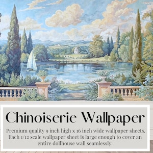Dollhouse Wallpaper, The Lakes Mural, Historical Chinoiserie, English Countryside, Miniature Wallpaper, Victorian Miniatures, 1:12 scale