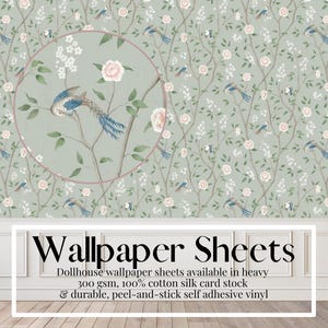 Folhas de papel de parede para casa de bonecas, verde-sálvia, pássaros do paraíso, floral, descascável e adesivo, papel cartão fosco, A3, A4, tabloide dos EUA, folhas de carta dos EUA, 1/12