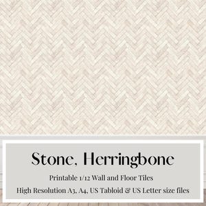 以下が含まれることがあります： 1/12スケールの石のヘリンボーンの壁と床のタイルを印刷できます。A3、A4、US タブロイド、US レターサイズの高解像度デジタルダウンロードファイルです。