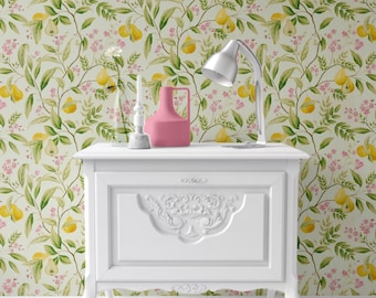 Dollhouse Wallpaper: Yellow, Pears, Spring Blooms, Miniature Decor, Peel & Stick