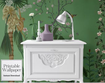 Papel de parede Chinoiserie para casa de bonecas, verde esmeralda, escala 1/12, miniatura, alta resolução, para impressão.