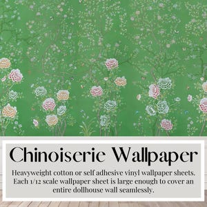 Miniatuurpoppenhuisbehangvellen chinoiserie, smaragdgroen | Peel & Stick-papier | Mat karton | Miniaturen A3/US Tabloid-vellen