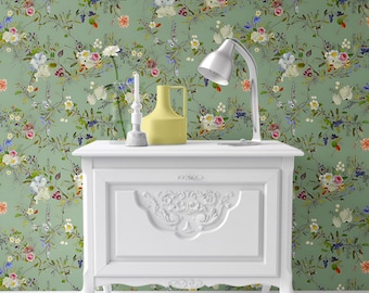 Dollhouse Wallpaper: Pea Green Meadow Flowers, 1/12 Scale (A3/US Tabloid)