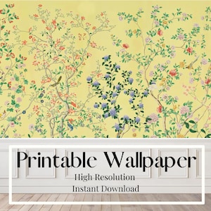 Casa delle bambole, Chinoiserie, Miniatura, Carta da parati, Seta tinta giallo imperiale, Vittoriano, Modello senza cuciture, Alta risoluzione, Download stampabile
