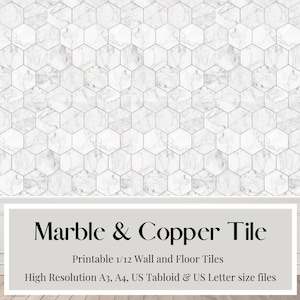 May include: Printable 1/12 scale wall and floor tiles featuring a marble and copper design. The tiles are available in high resolution A3, A4, UK tabloid, and UK letter size files.