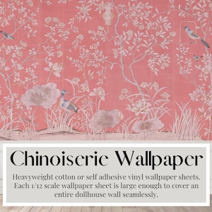 Poppenhuisbehangvellen chinoiserie, roze | Peel & Stick-papier | Mat karton | Miniaturen A3/VS-bladen op tabloidformaat, schaal 1/12
