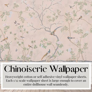 Vellen poppenhuisbehang, Gentleman's Pink, chinoiserie, zwaargewicht en zelfklevend vinylbehang, breed - geen installatienaden!