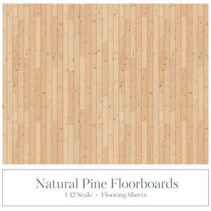 Może przedstawiać: Pełny widok naturalnych desek podłogowych z sosny ułożonych w pionowych rzędach. Jasne drewno ma widoczne słoje i sęki. Poniżej desek widoczny jest tekst "Natural Pine Floorboards".